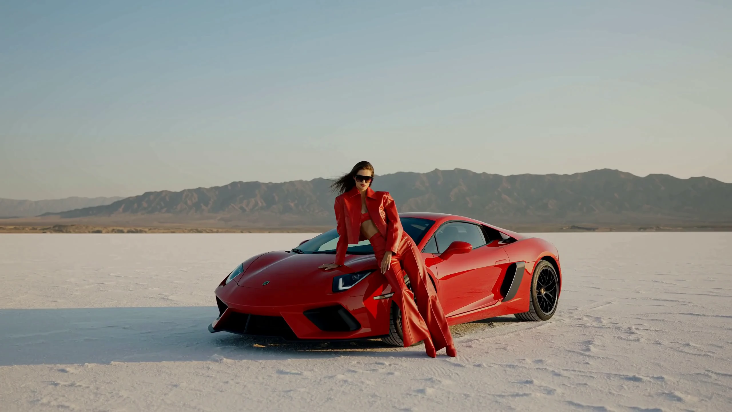 Woman in a red leather suit leaning against a red sports car on a white salt flat, mountains in the background