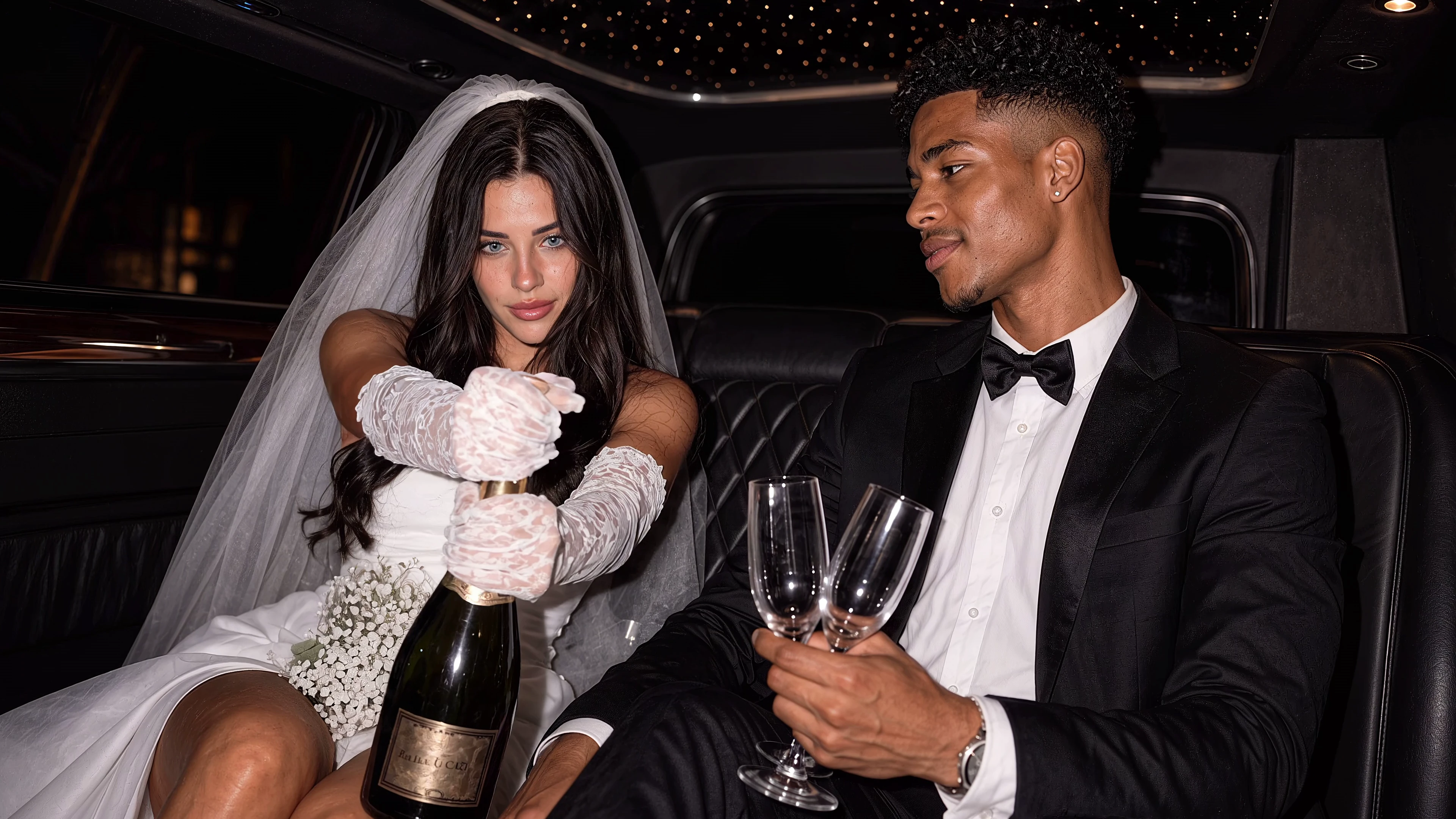 Bride in a white wedding gown and lace gloves sitting beside a groom in a tuxedo inside a limousine, holding a champagne bottle and glasses
