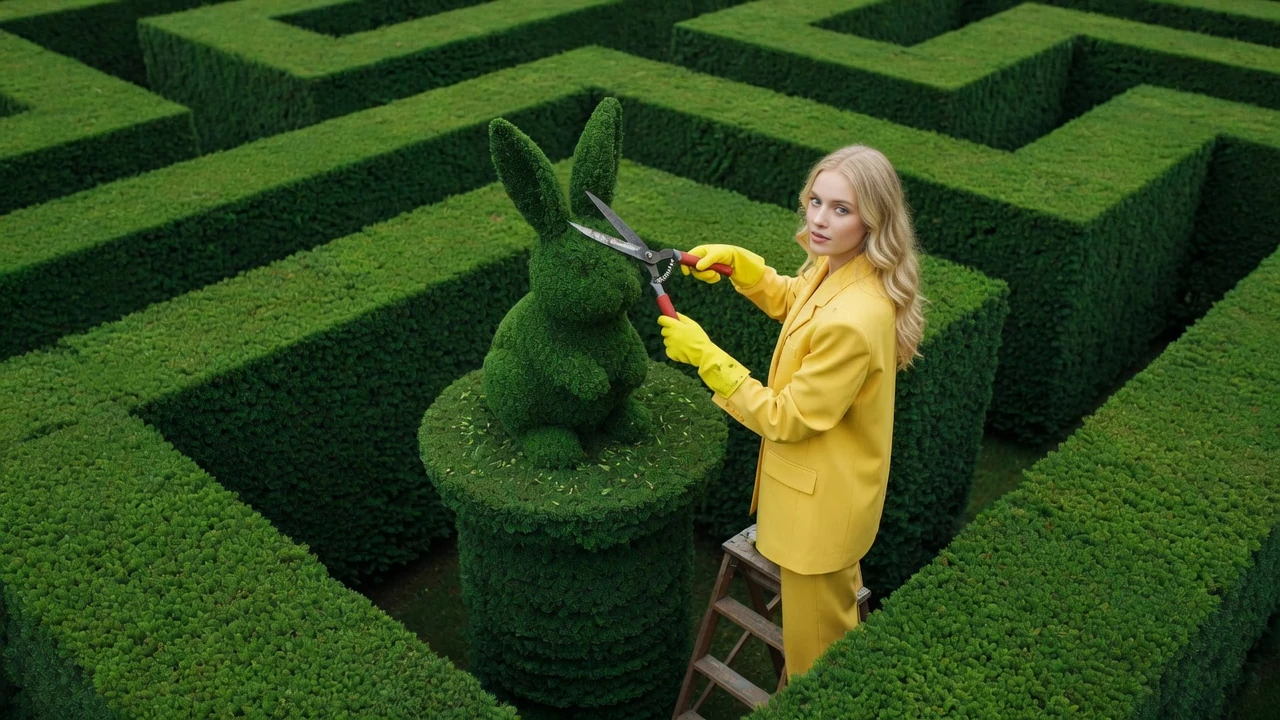 Woman in a yellow suit and rubber gloves trimming a topiary rabbit sculpture in the center of a hedge maze, shot from above