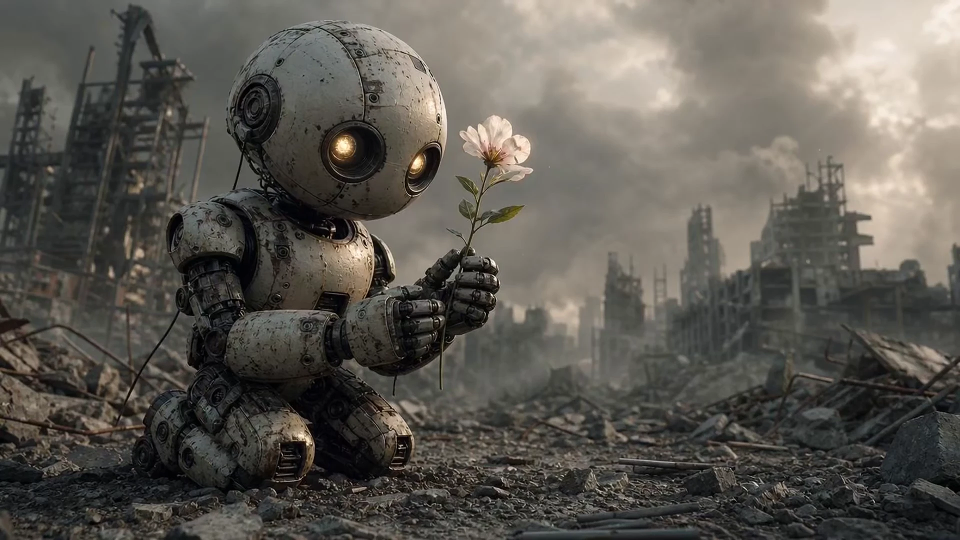 Small robot holding a delicate flower amid the ruins of a destroyed city.