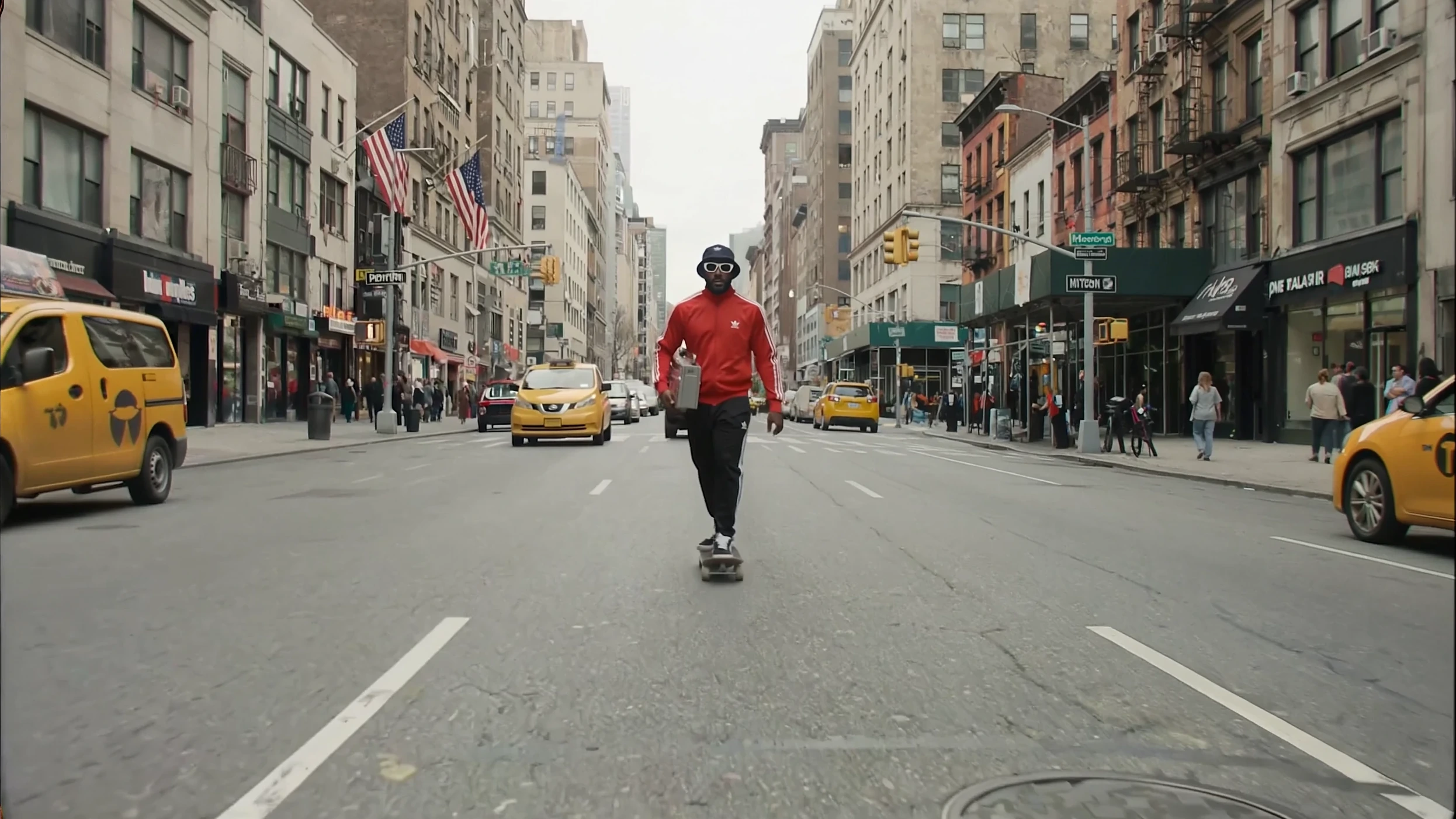 Man in a red tracksuit skateboarding down a New York City street surrounded by yellow taxis.