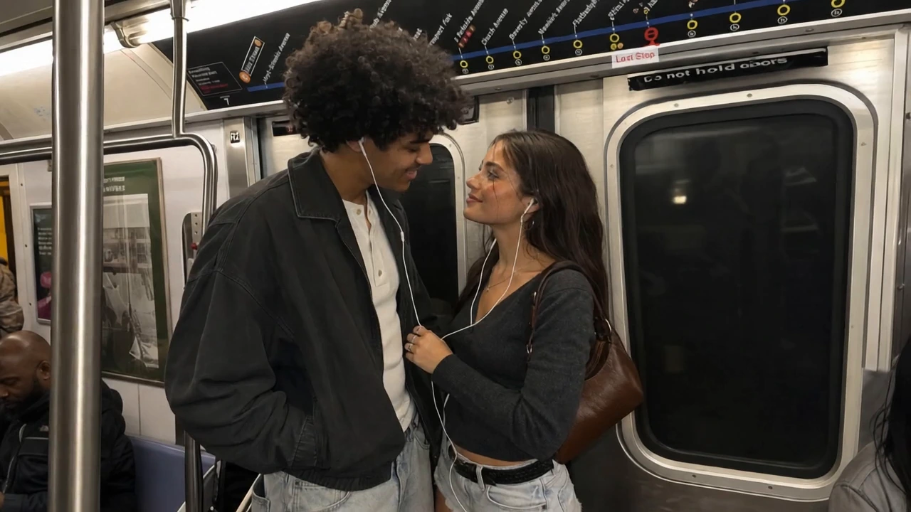 Young couple sharing earphones and looking at each other inside a subway car.