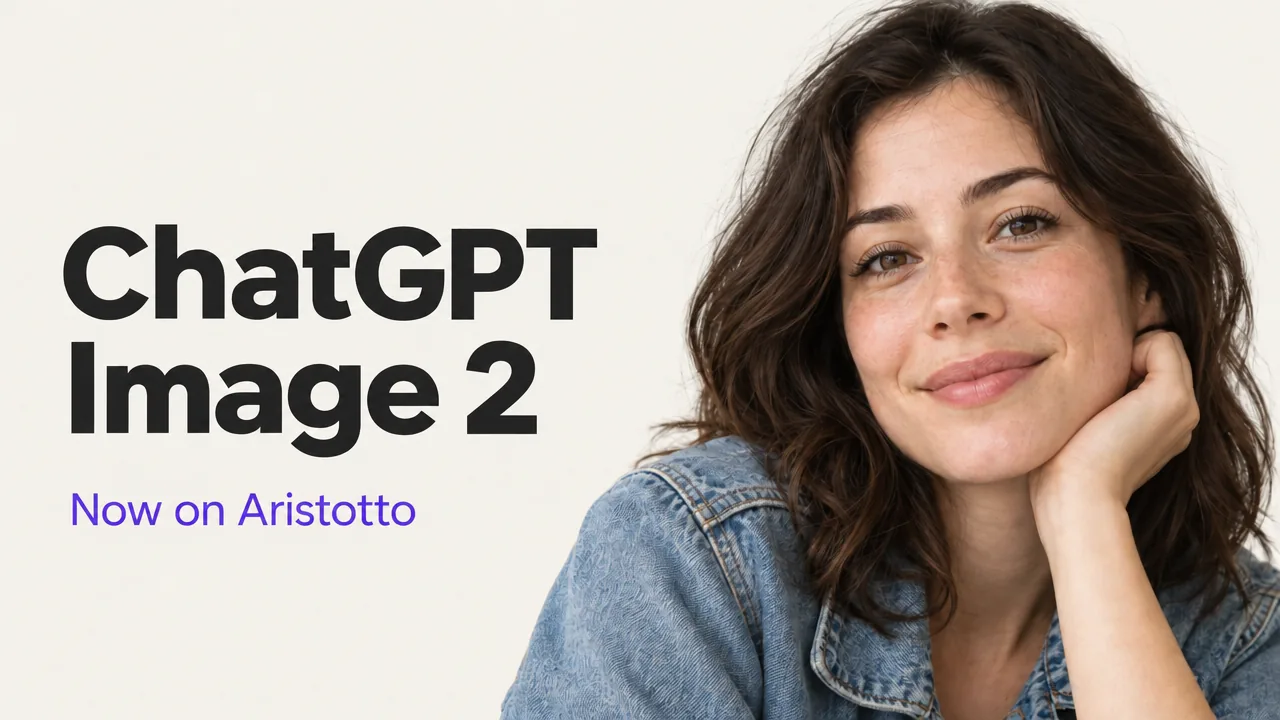 ChatGPT Image 2 now on Aristotto, promotional banner with a smiling woman in a denim jacket resting her chin on her hand