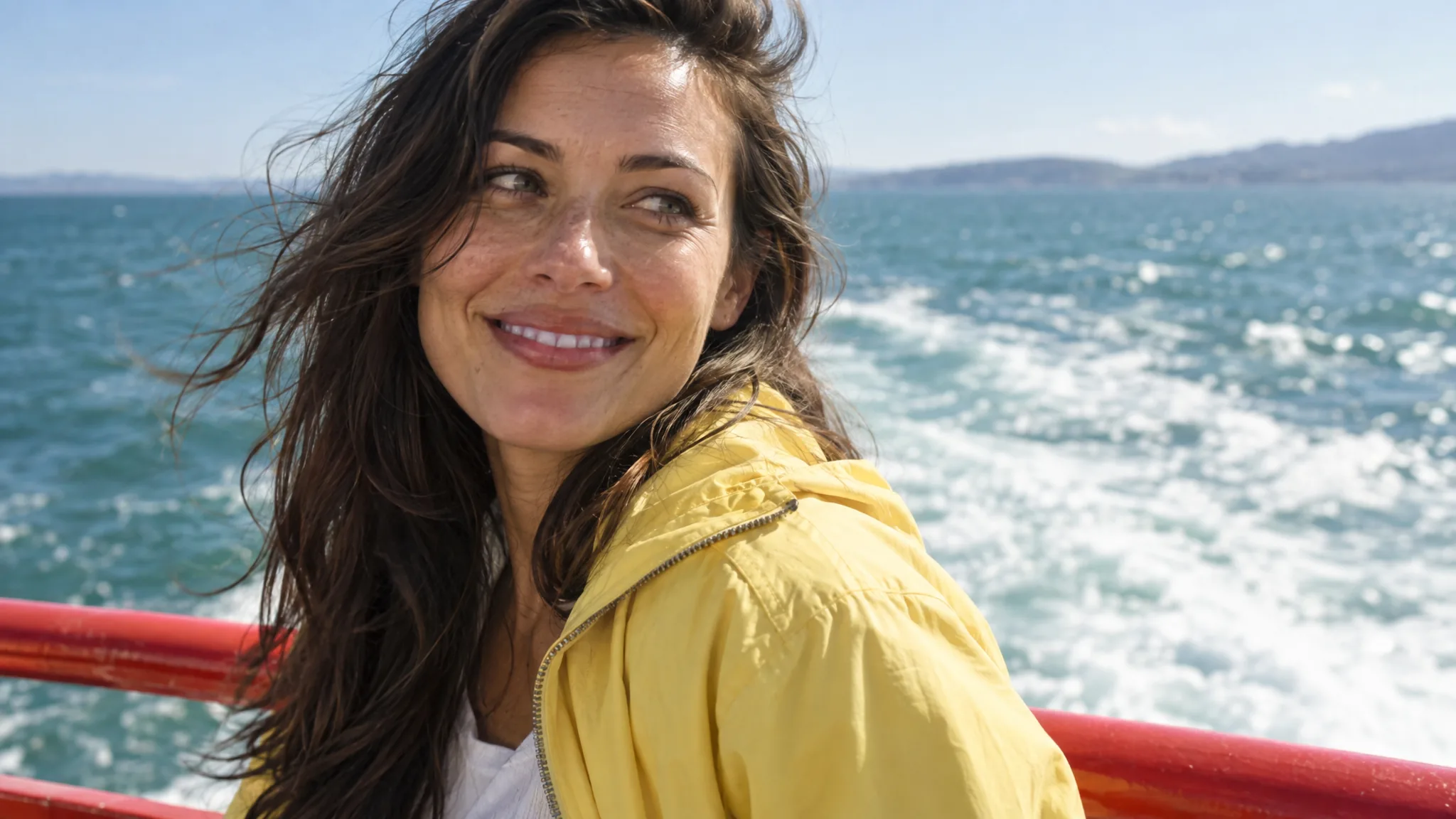 Woman in a yellow jacket on a boat, ocean and mountains behind her