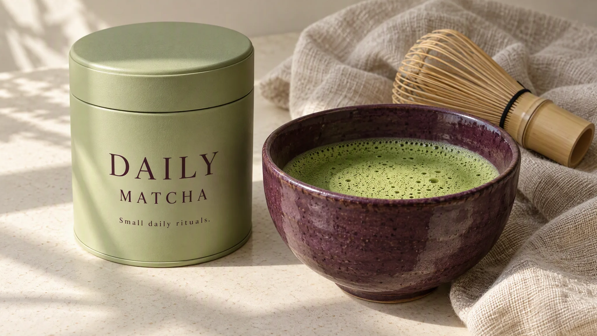 Daily Matcha tin and purple ceramic bowl with bamboo whisk on a stone surface