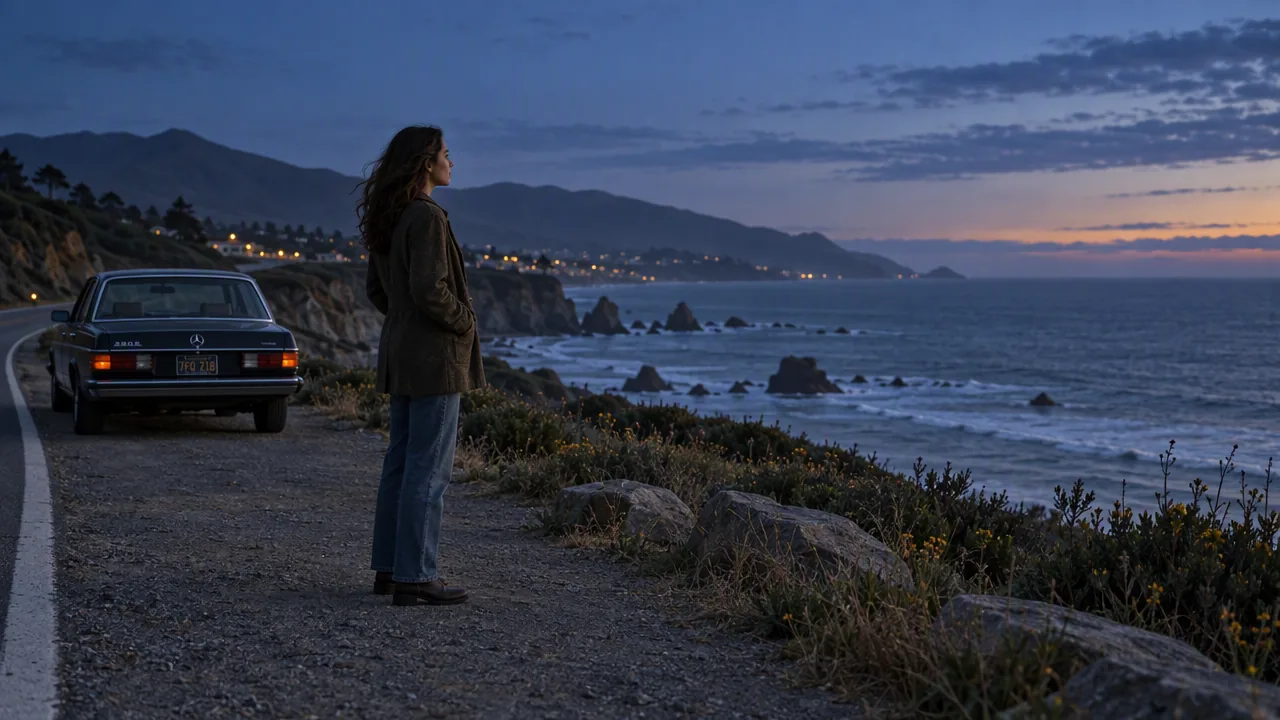 Woman standing on a coastal road at dusk, vintage car parked nearby, ocean and cliffs behind
