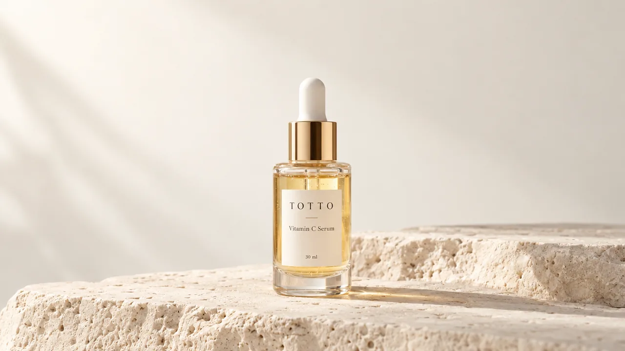 Totto Vitamin C Serum dropper bottle on travertine stone, cream background