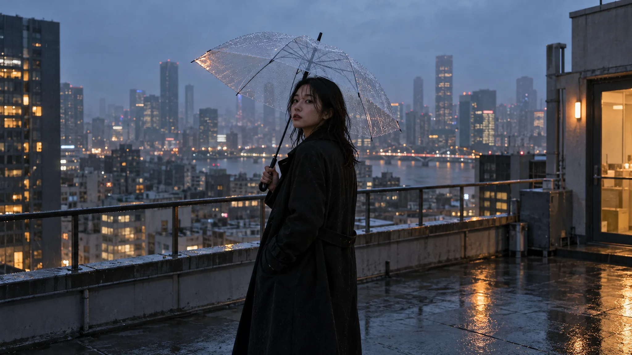 Woman in a black coat holding a clear umbrella on a wet rooftop terrace, city skyline at sunset behind her