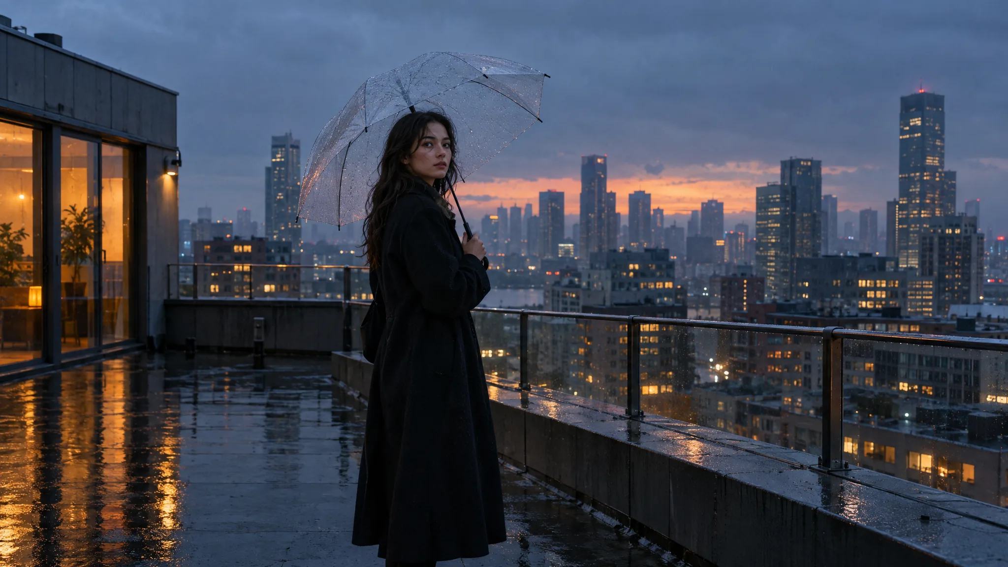 Woman in a black coat holding a clear umbrella on a rainy rooftop, city skyline at night behind her