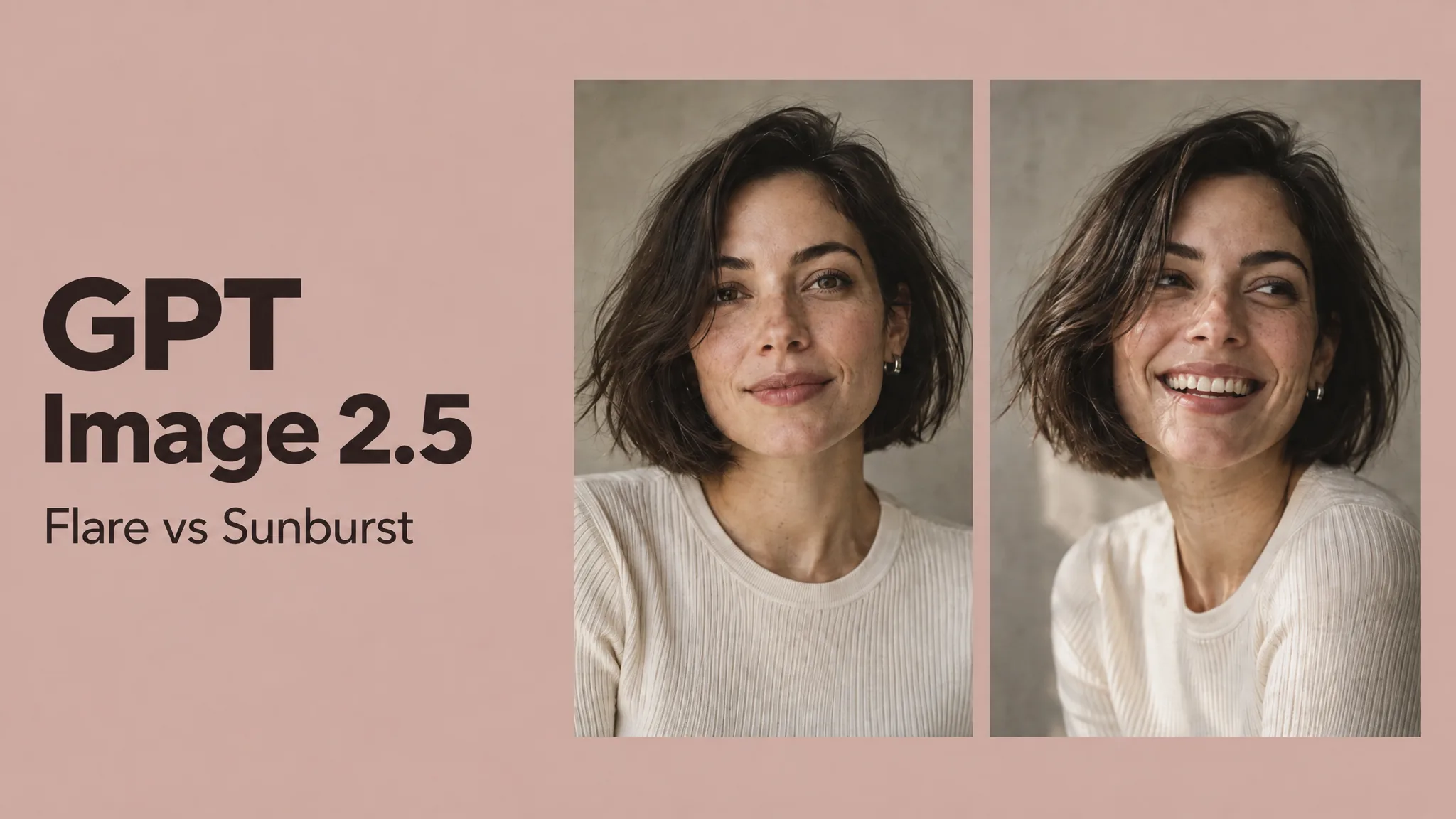 GPT Image 2.5 Flare vs Sunburst comparison banner showing two portrait photos of the same woman