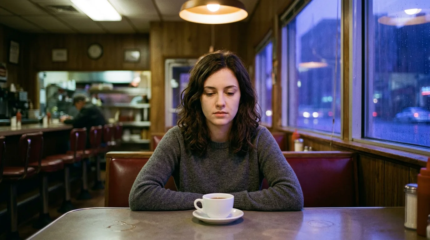 Woman in a grey sweater sitting alone at a diner booth with a coffee cup, rainy street visible through the window