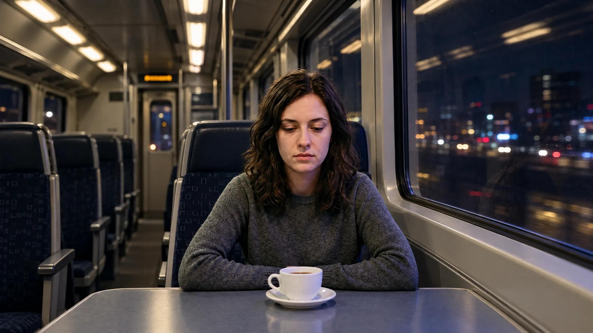 Woman in a grey sweater sitting alone on a night train with a coffee cup