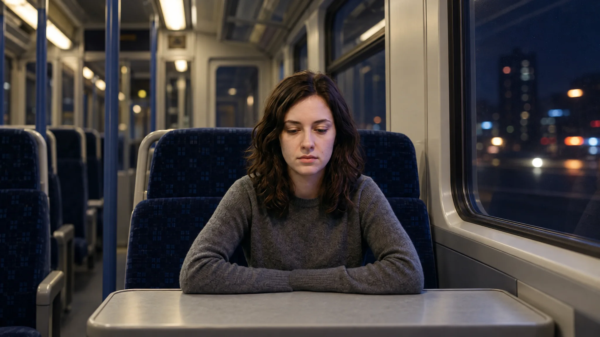Woman in a grey sweater sitting alone on an empty night train, city lights through the window