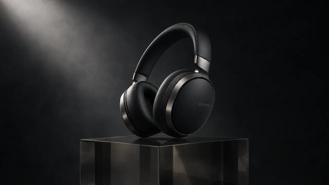 Totto black over-ear headphones on a glass pedestal, dark background