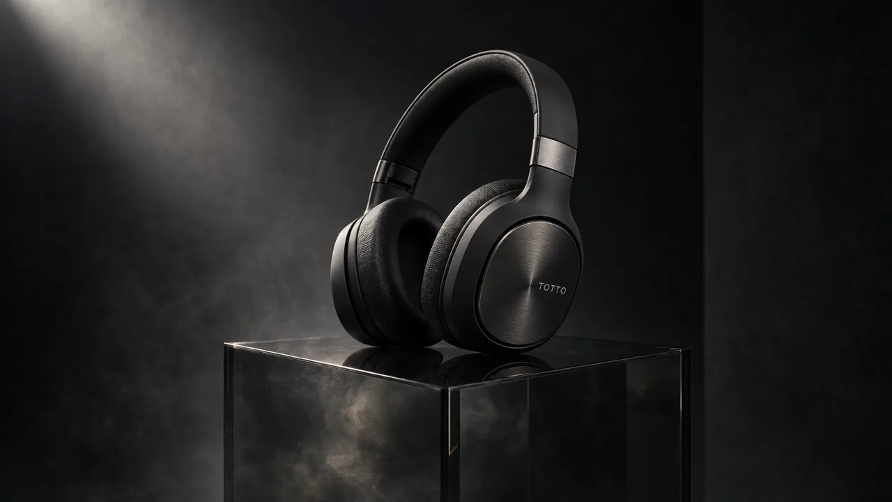 Totto black over-ear headphones on a dark cube, dramatic spotlight
