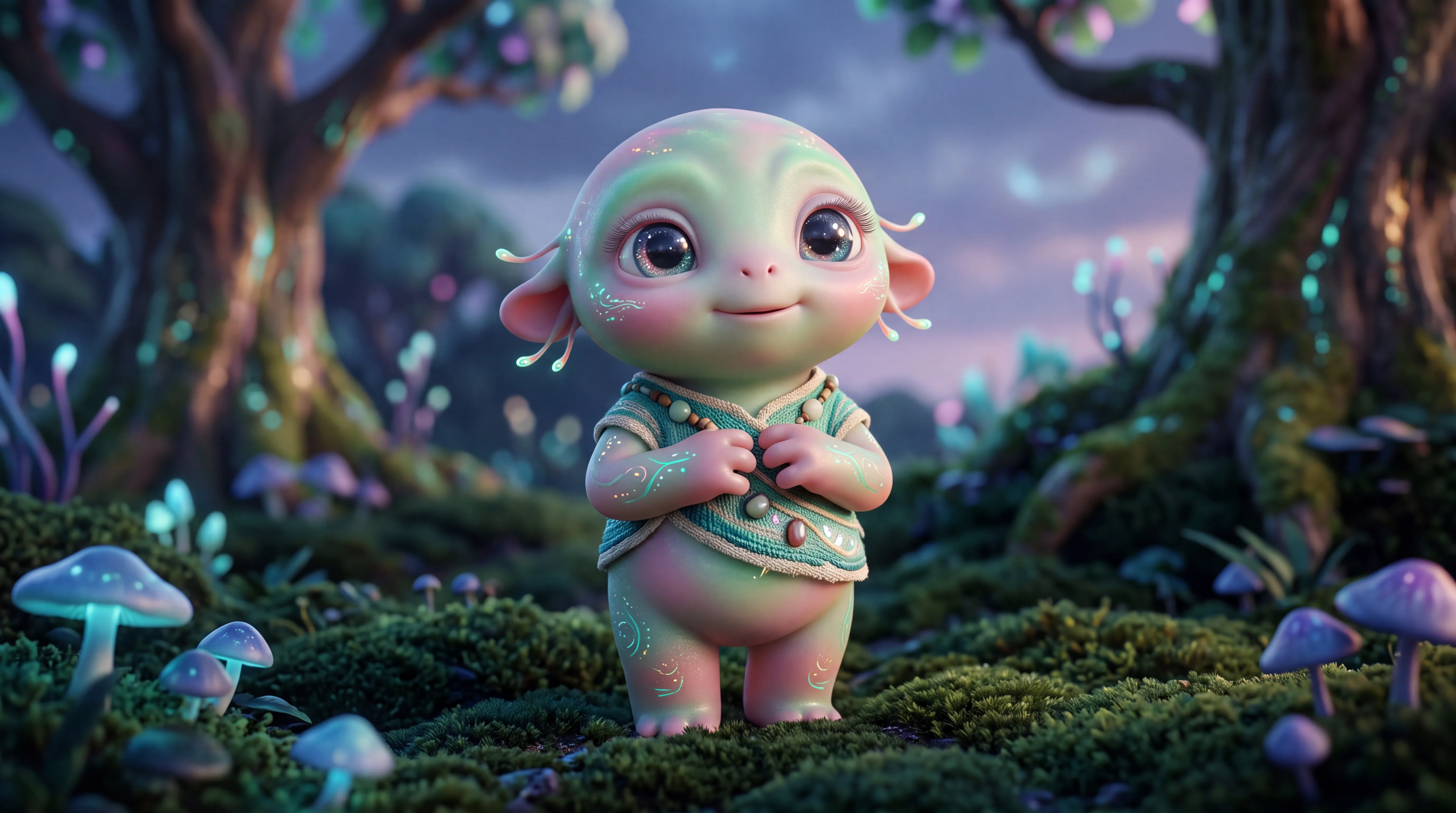3D rendered fantasy creature standing in a glowing mushroom forest at dusk