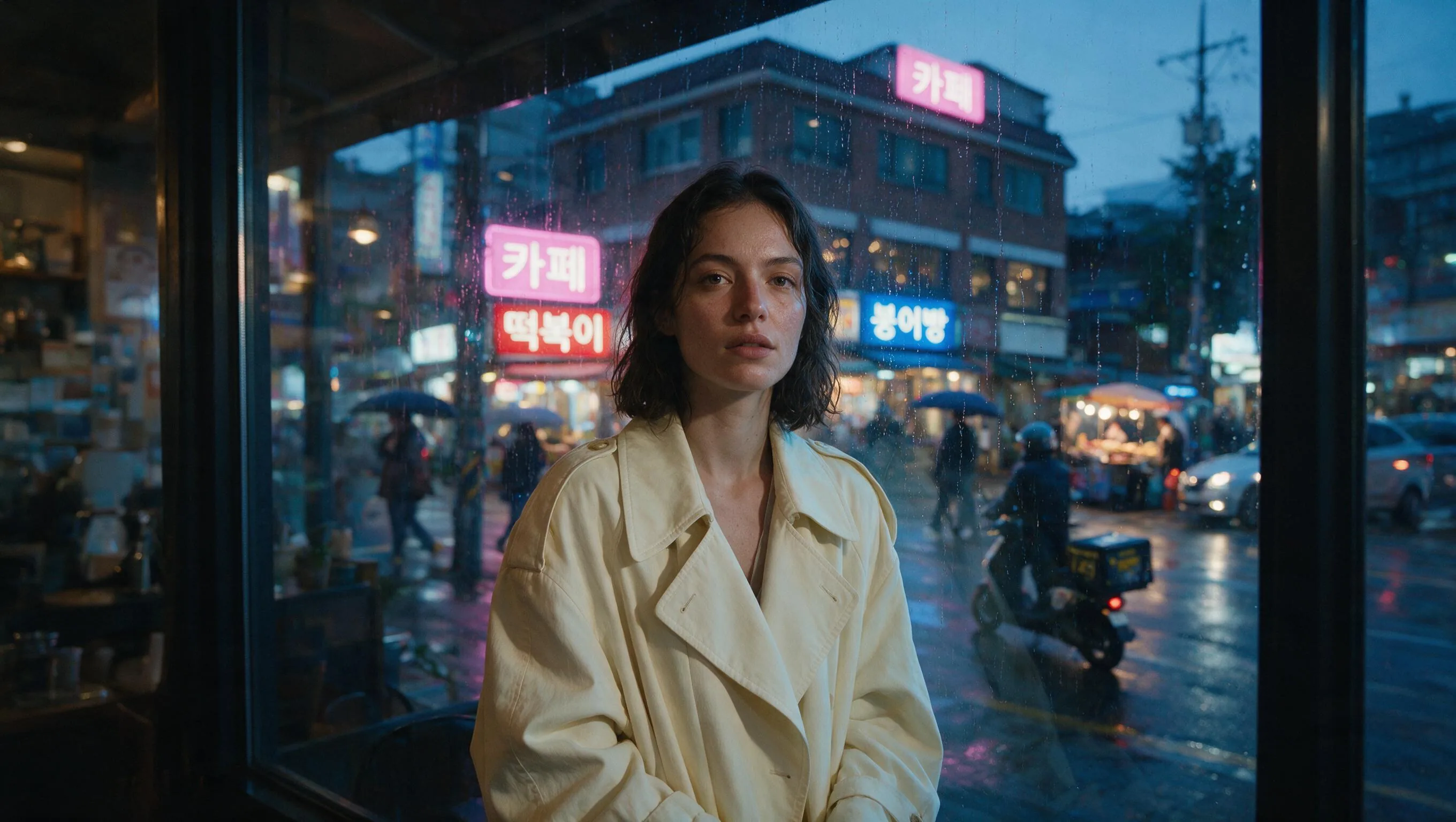 Woman in a cream trench coat standing by a rain-streaked window