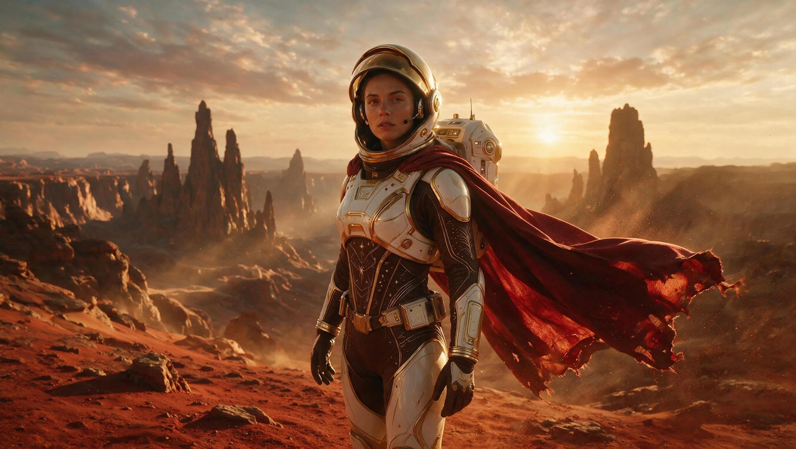 Female astronaut in white and gold armour with a red cape standing on a red rocky planet at sunset