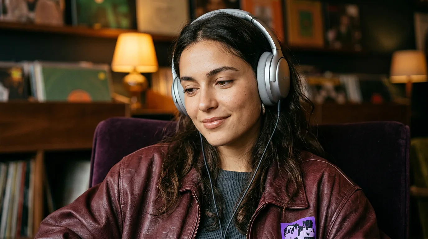Woman wearing silver headphones in a record store, smiling with vinyl shelves and warm lamps behind her