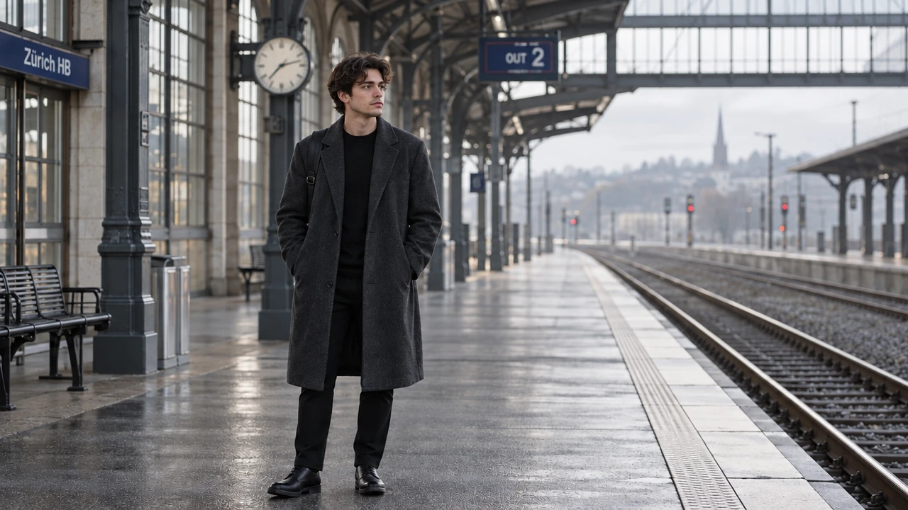 Man in a grey overcoat standing on an empty platform at Zurich HB train station