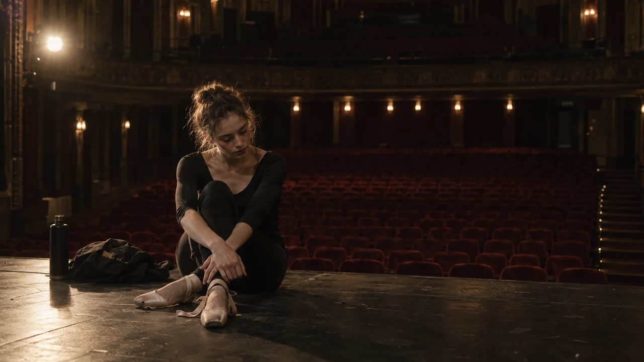 Ballet dancer sitting on an empty theatre stage tying her pointe shoes, red velvet seats in the background
