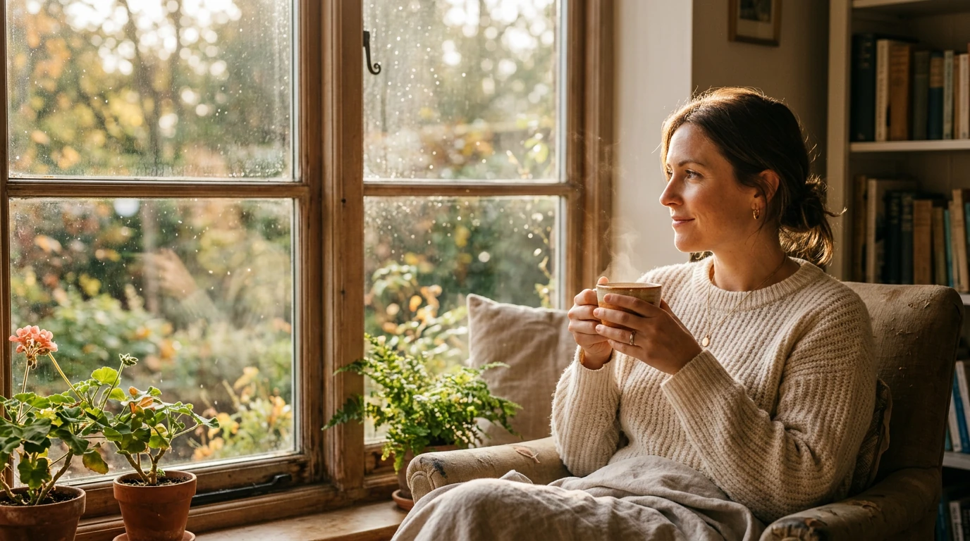 Woman in a cream knit sweater holding a steaming mug by a rain-streaked window