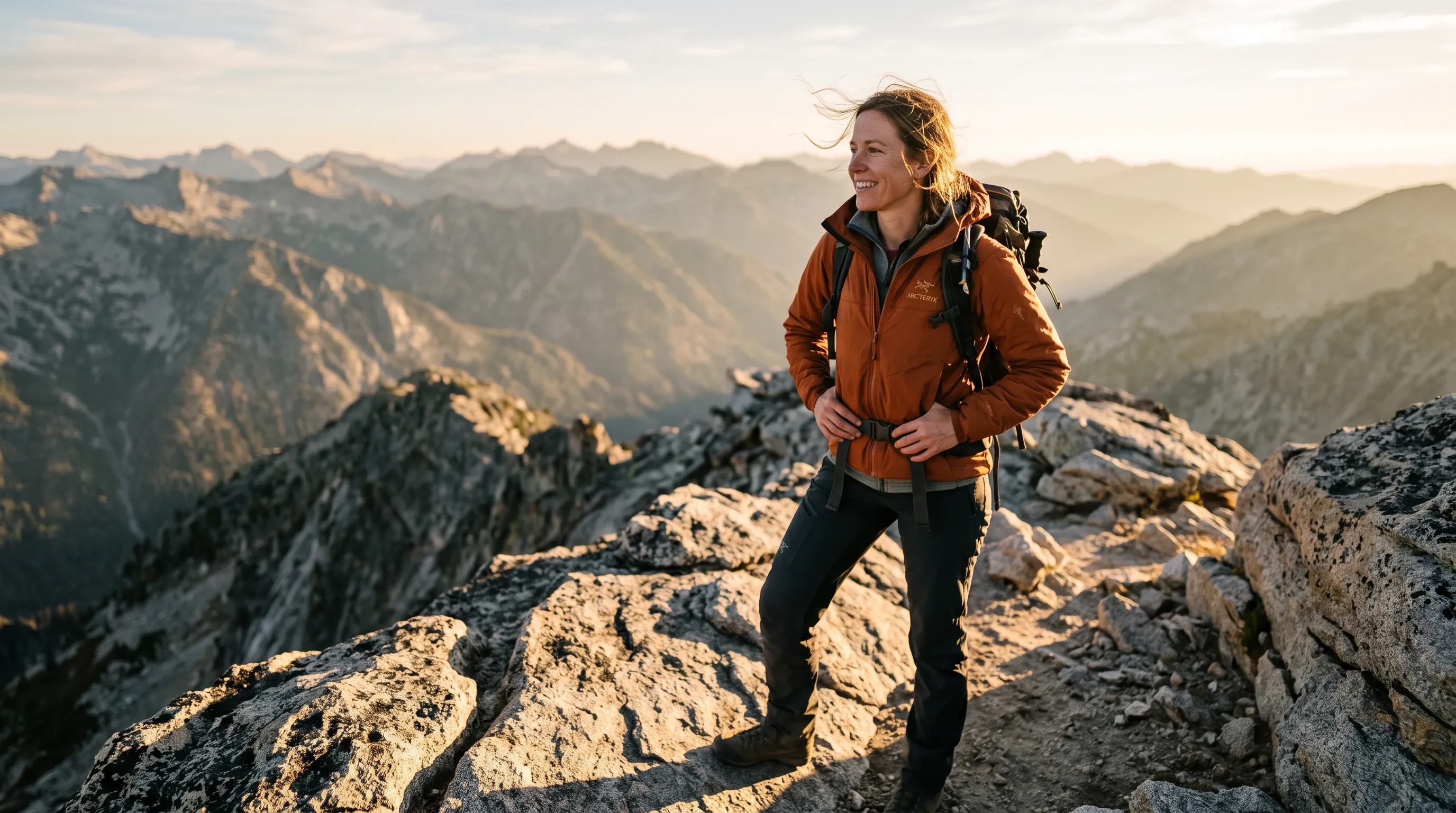 Woman in an orange jacket with a backpack standing on a rocky mountain ridge