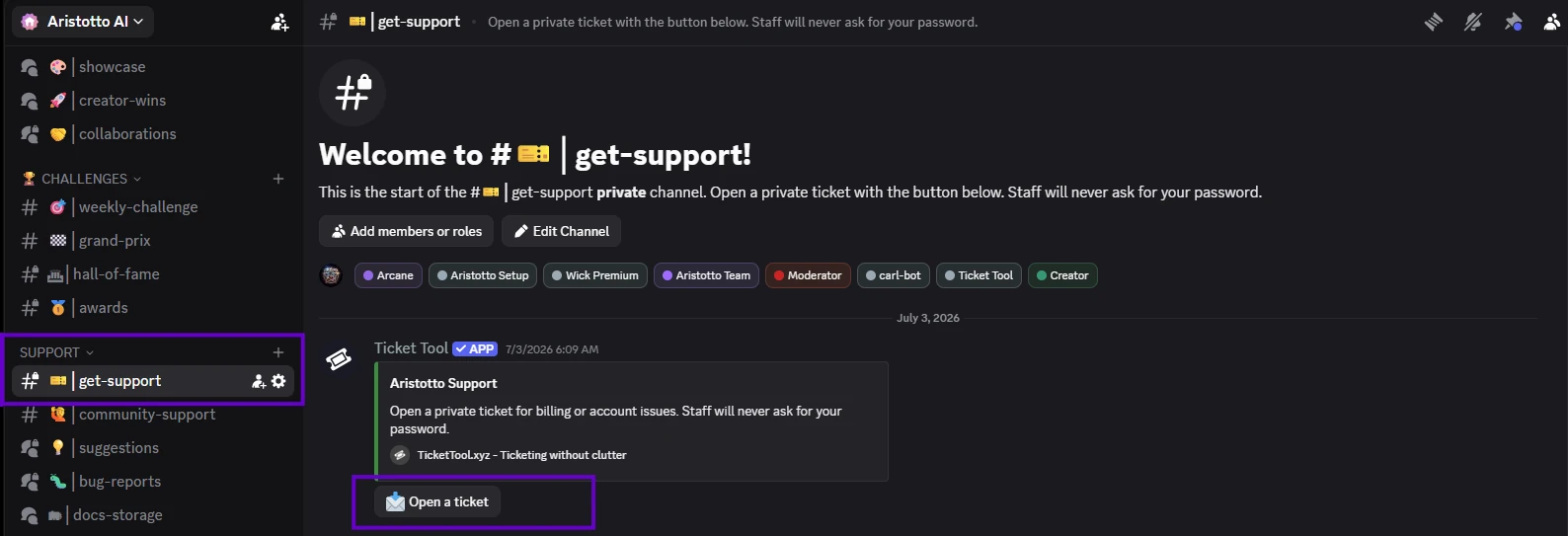 Aristotto AI Discord get-support channel showing the Ticket Tool