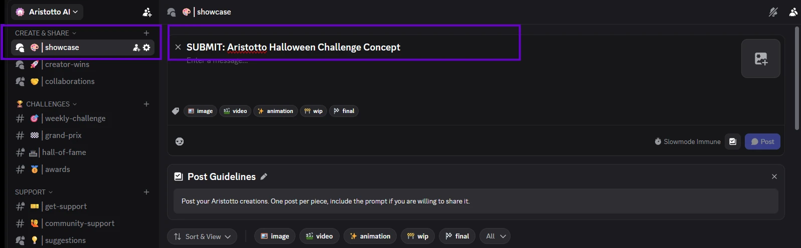 Aristotto AI Discord showcase channel with a Halloween Challenge submission post