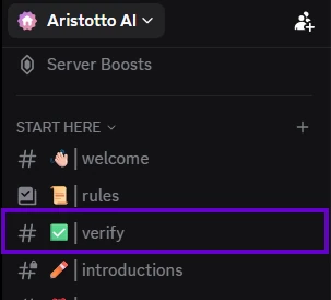 Aristotto AI Discord server sidebar showing the verify channel highlighted