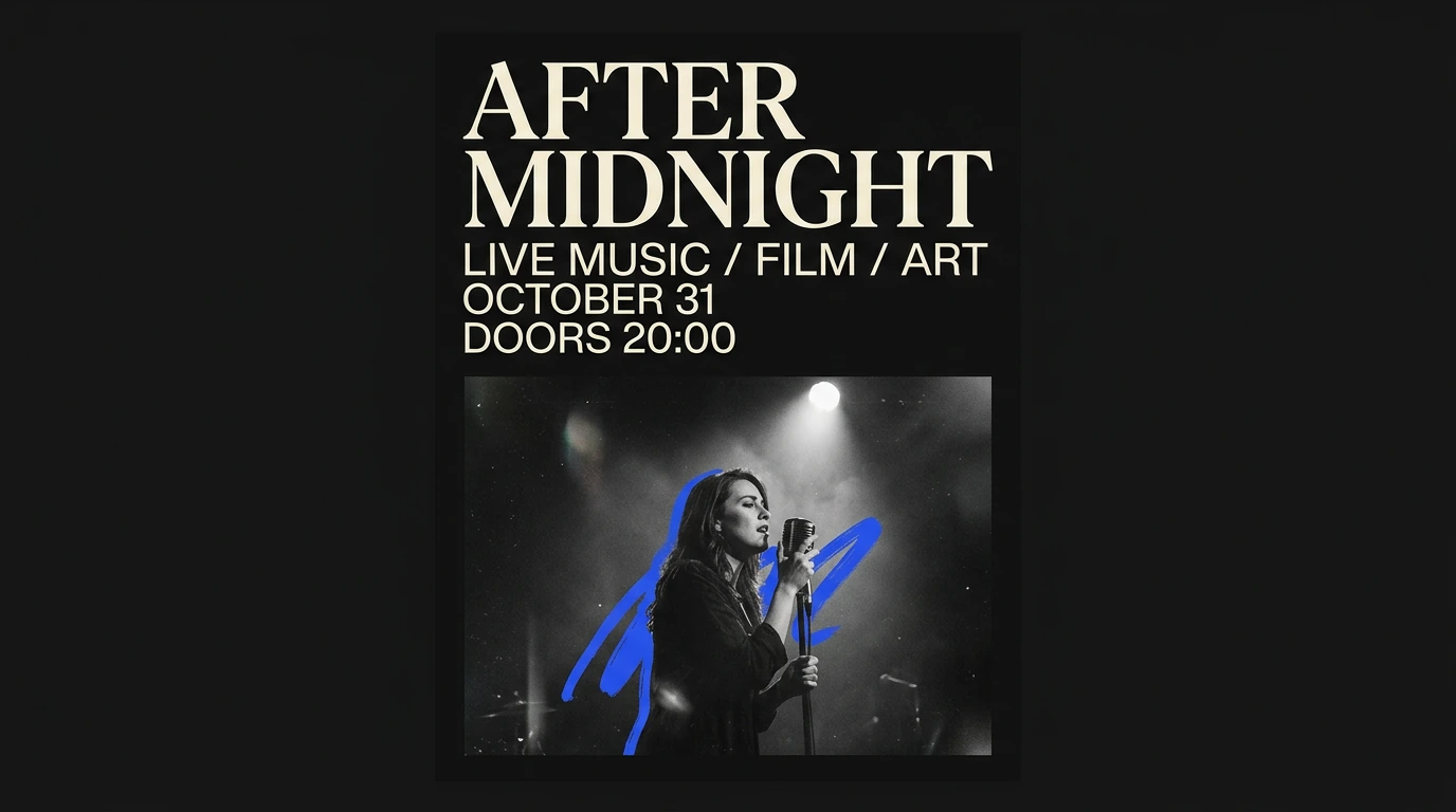 After Midnight: Event poster for the festival with a singer on stage.