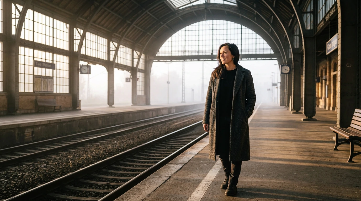 Train Station: Woman walking along a sunlit historic train platform.
