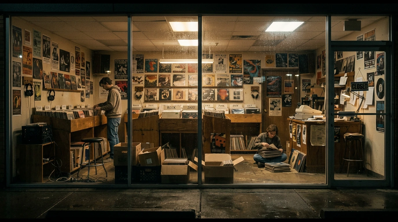 Record Store: Cozy record store at night with people browsing vinyl.