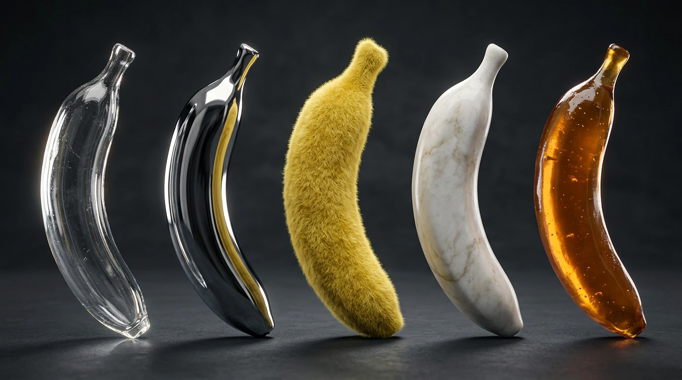 Alt text: Five banana shapes in different materials.