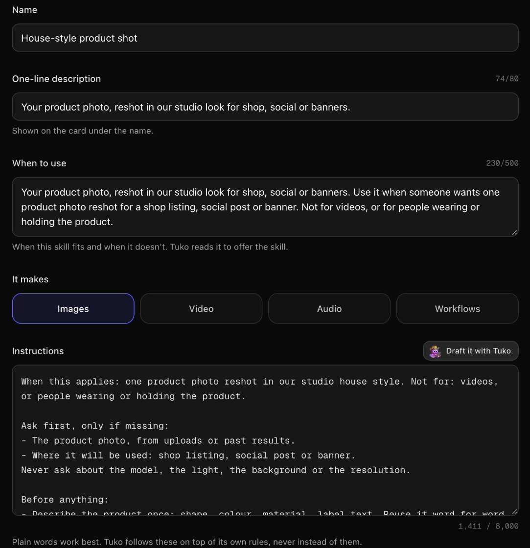 The Tuko skill editor with name, one-line description, When to use, It makes set to Images, and instructions at 1,411 of 8,000 characters.