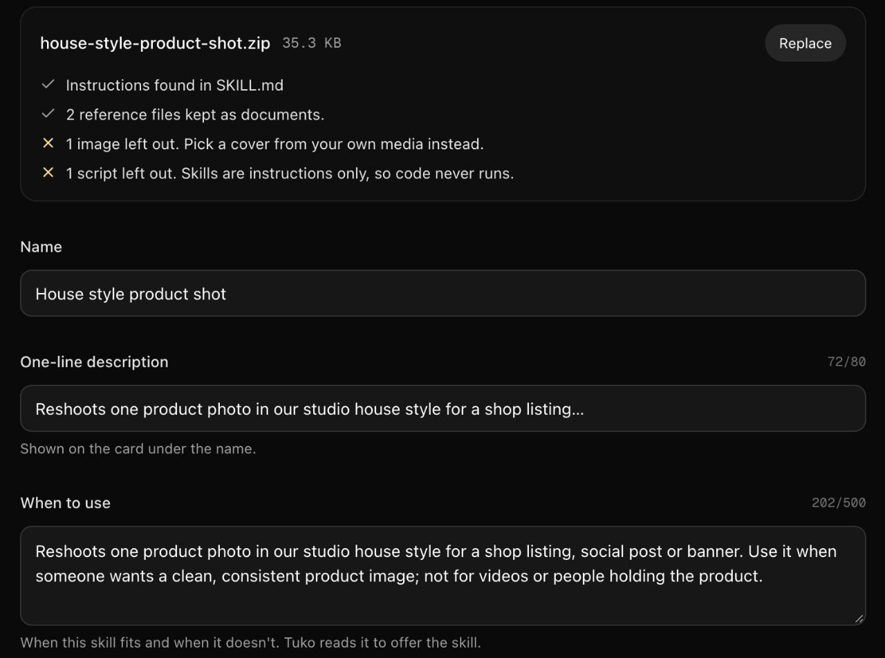 The report after uploading a skill file, with the name, one-line description and When to use filled in from the file.