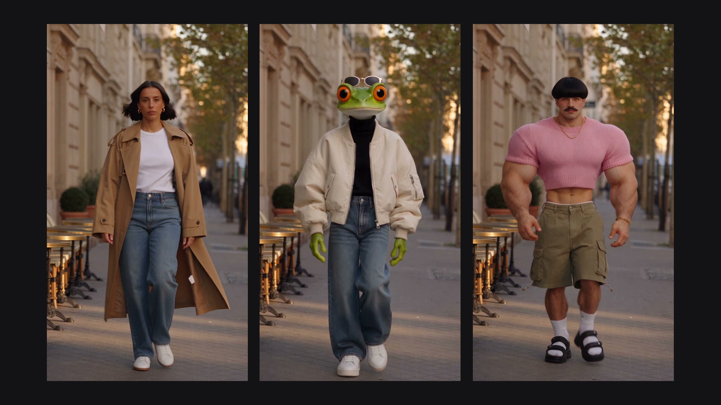 An original street-style walk next to two recreations of the same shot: a frog-headed character and a bodybuilder in a bowl cut.