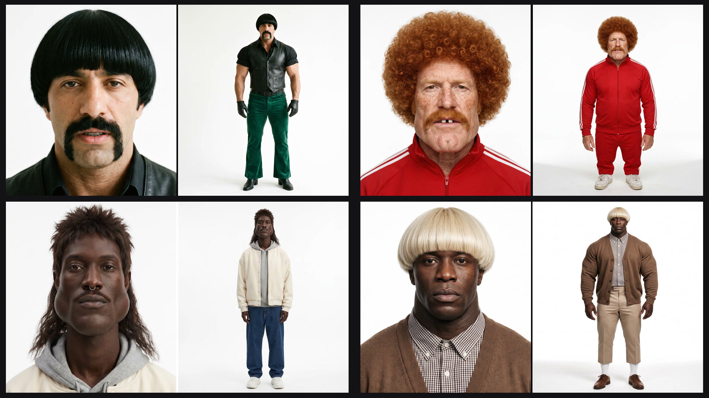 Four AI influencer character sheets, each with a close-up portrait and a full-body shot on a white studio background.