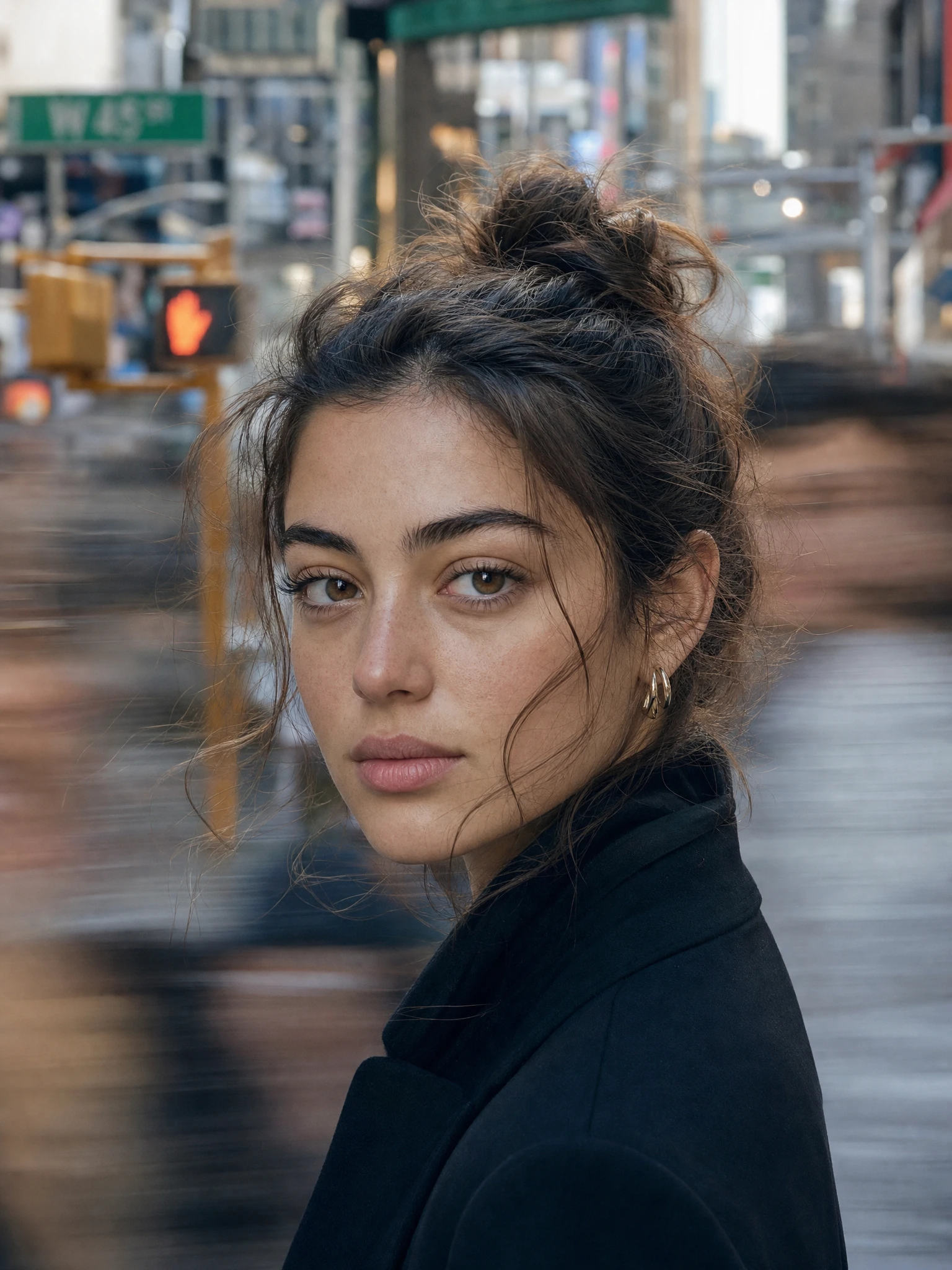 AI-generated image: closeup, urban street, motion blur, new york city, portrait