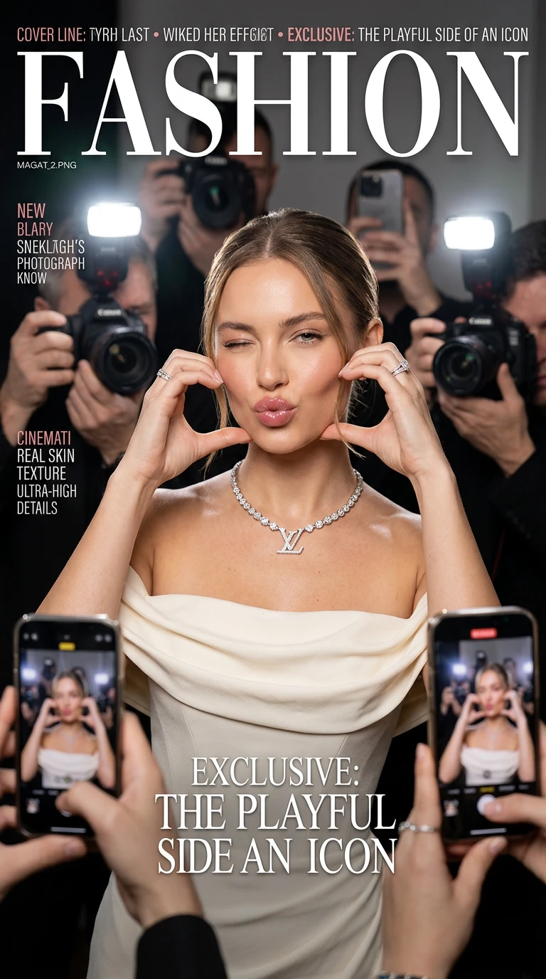 AI-generated image: fashion magazine cover, luxury winter fashion, celebrity portrait, studio photography, glamorous woman