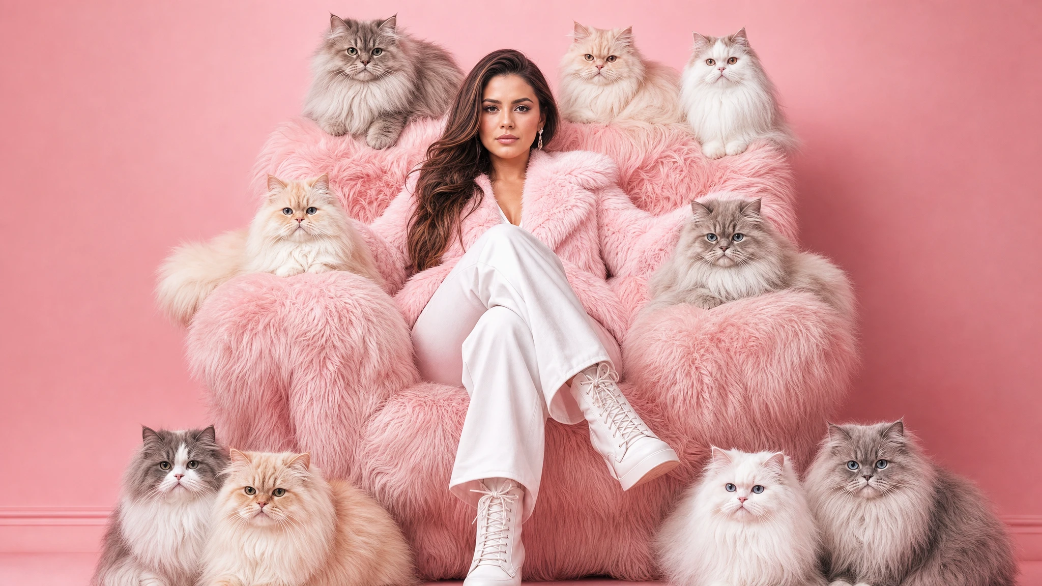 AI-generated image: fashion photography, pink fauxfur, luxurious textures, longhaired cats, studio lighting