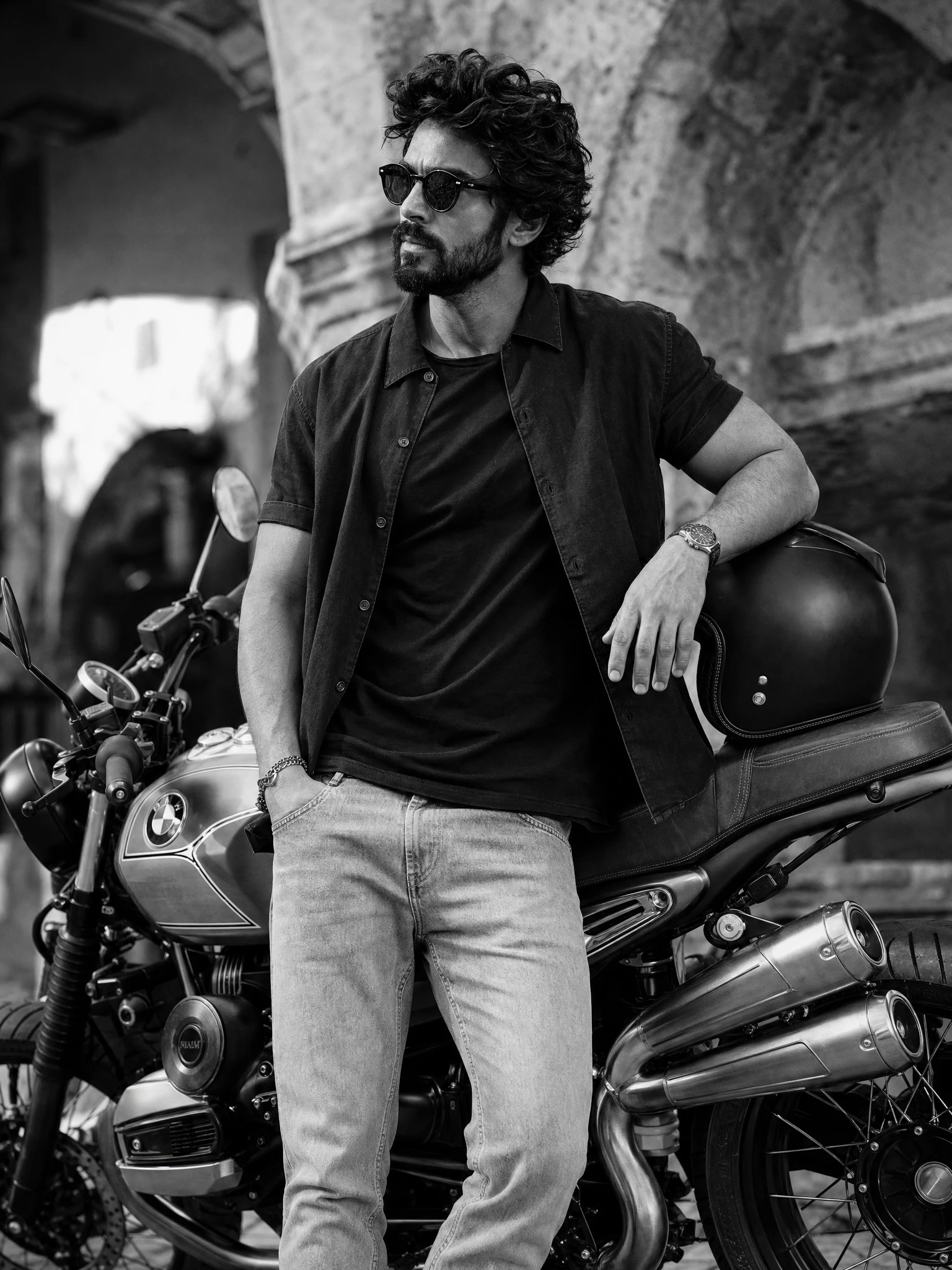 AI-generated image: cinematic portrait, motorcycle, black and white, urban background, casual fashion