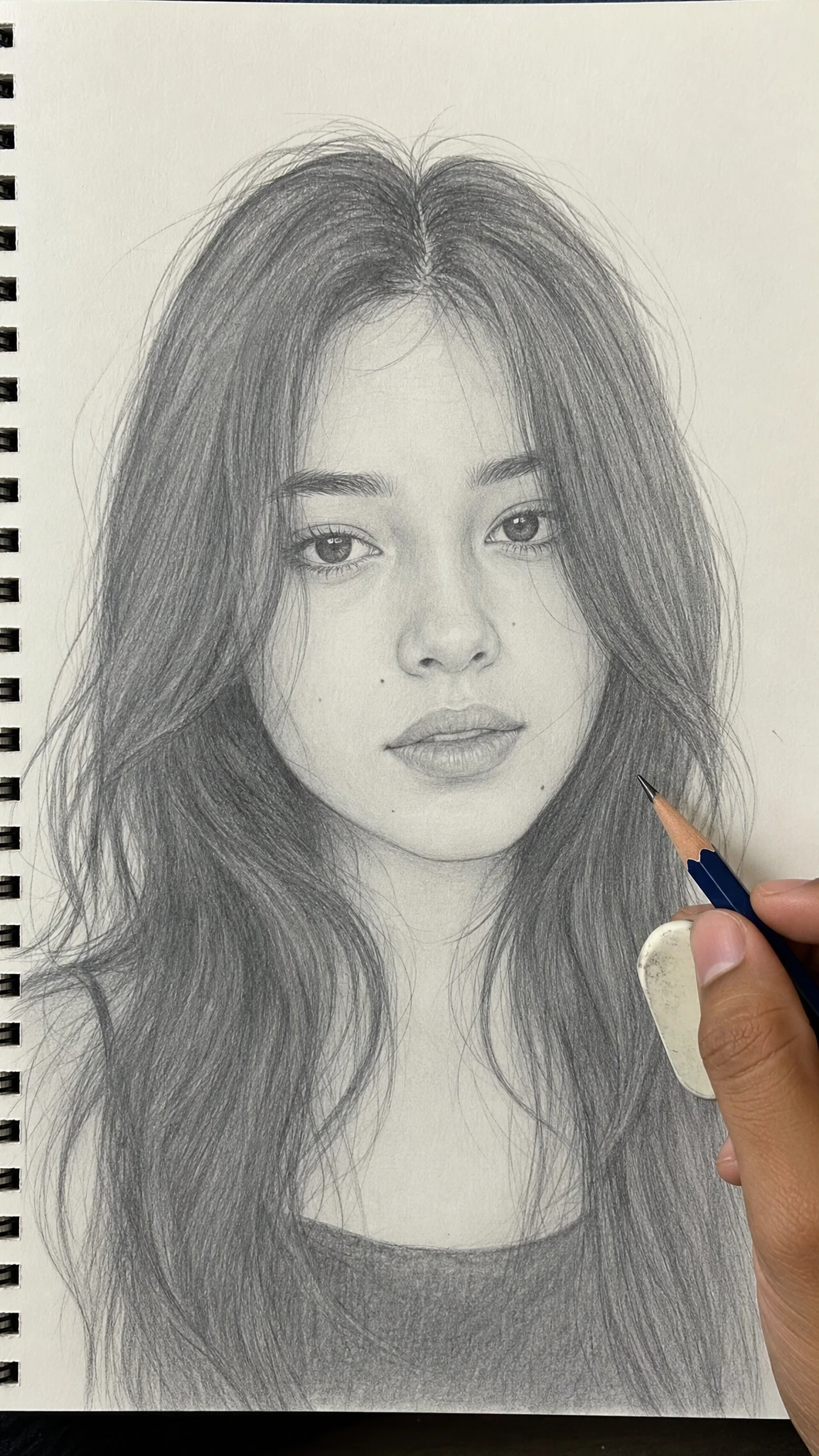 AI-generated image: pencil sketch, portrait, intricate design, notebook page, realistic drawing