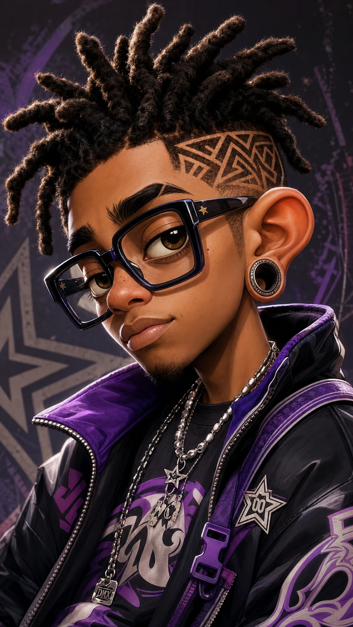 AI-generated image: stylized portrait, caricature style, expressive eyes, geometric pattern, y2k fashion