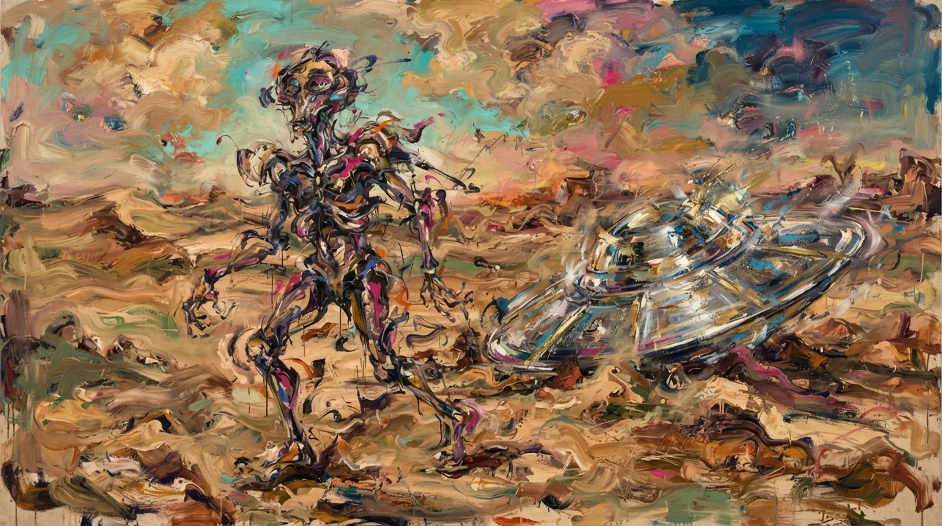 AI-generated image: alien figure, flying saucer, desert landscape, abstract painting, surreal scene