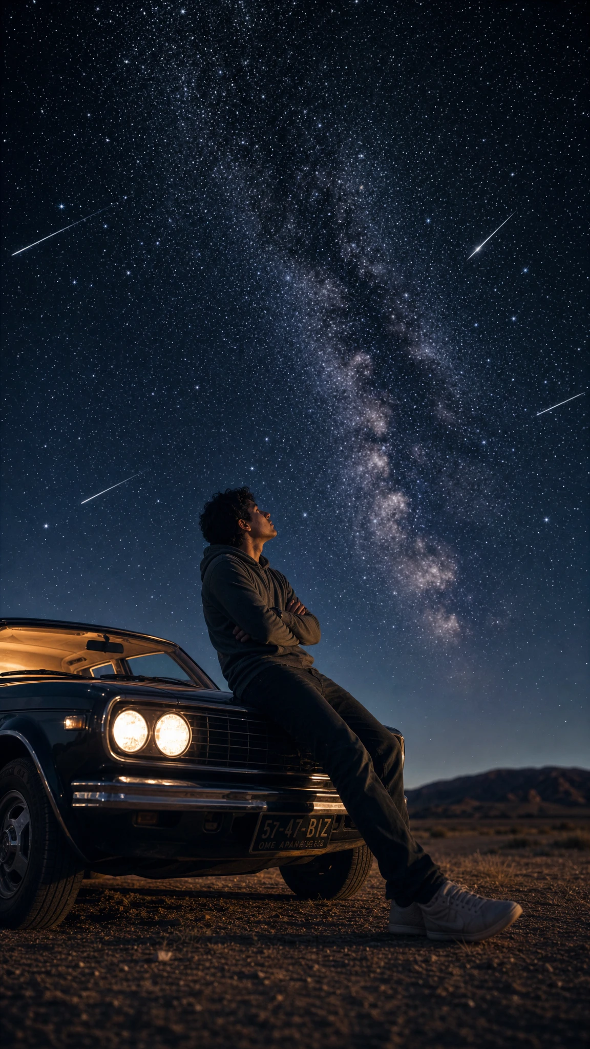 AI-generated image: starry sky, milky way, night landscape, car, contemplative mood