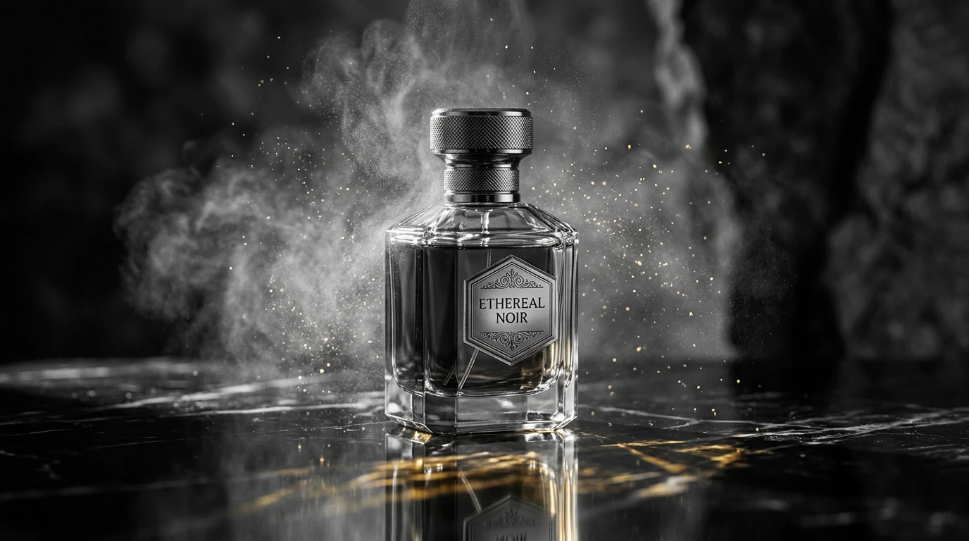 AI-generated image: luxury perfume, black and white, cinematic lighting, golden reflections, macro product