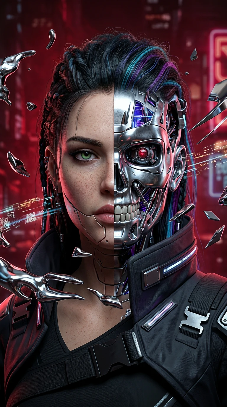 AI-generated image: cyberpunk portrait, futuristic biomechanical, chrome skull, floating metallic shards, surreal scifi