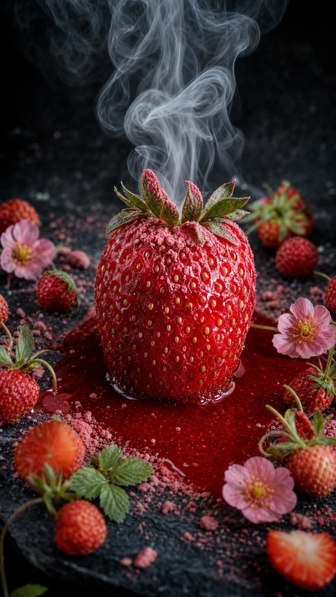 AI-generated image: macro photography, strawberry scene, cinematic style, smoke plumes, dark textured background