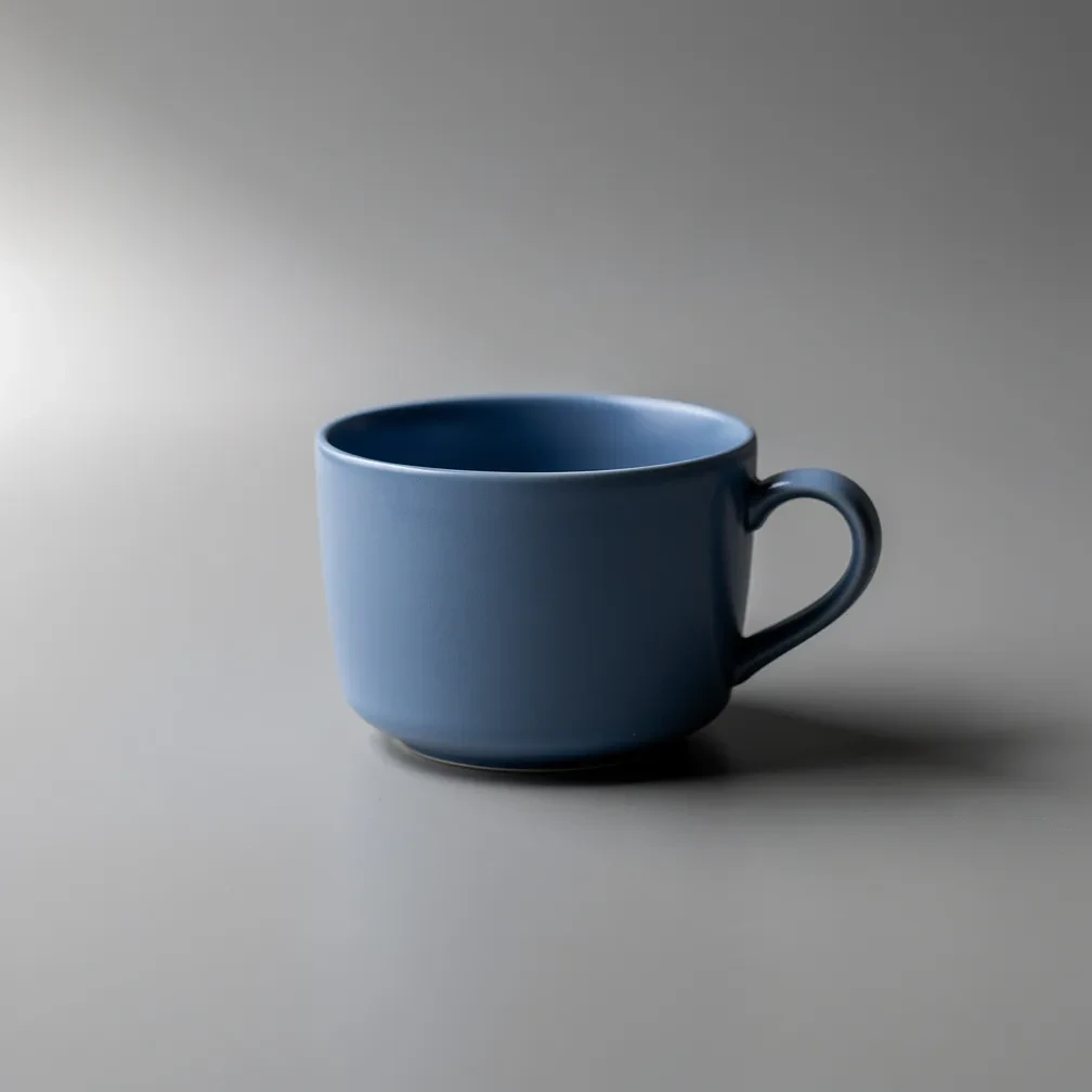 AI-generated image: ceramic cup, neutral background, stage lighting, blue mug, minimalist